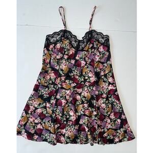 LA Intimates Satin Slip Dress S Black Floral Lace Y2K Mini Coquette Romantic